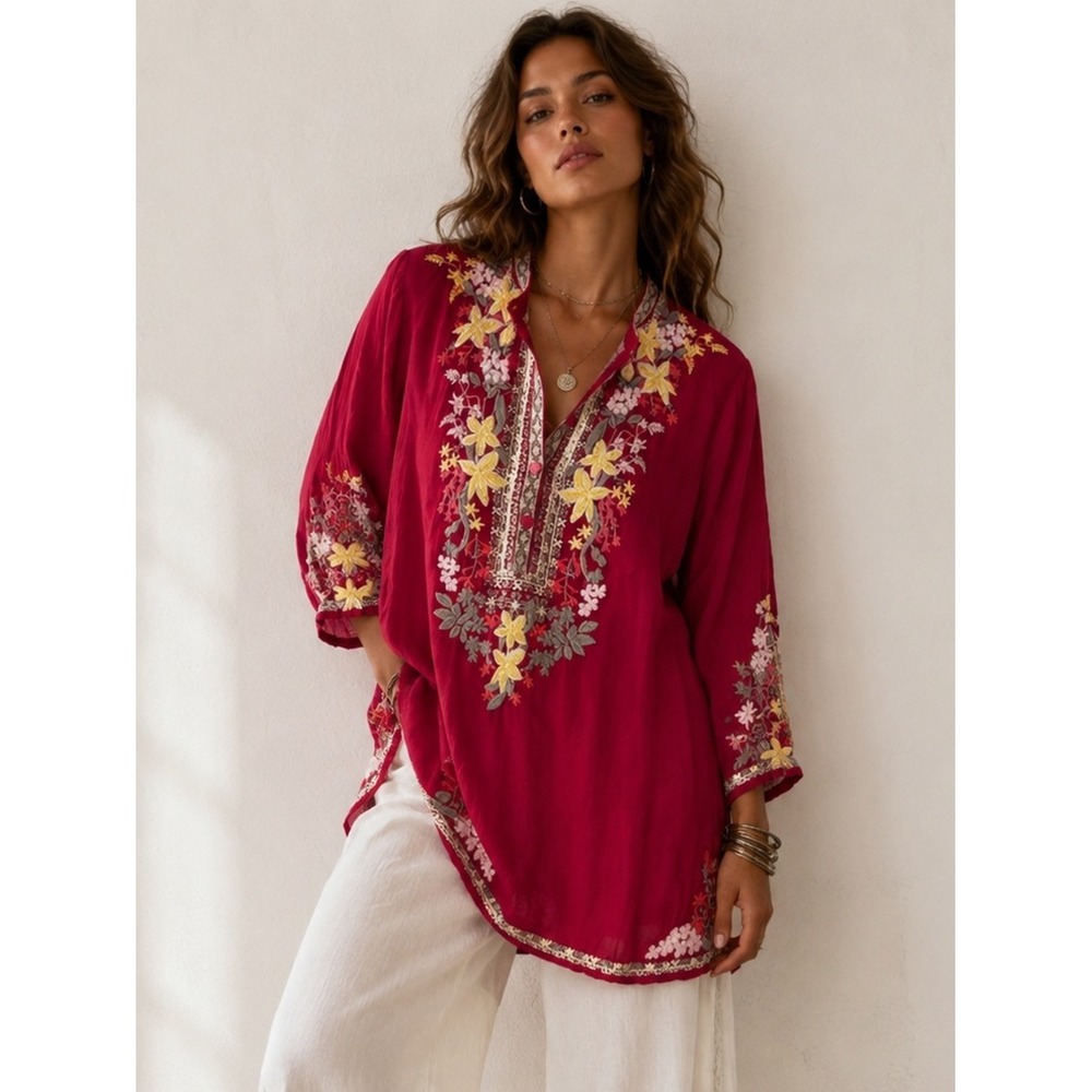 Johnny Was Tunic Rayon Floral Embroidery Medium Boho Top